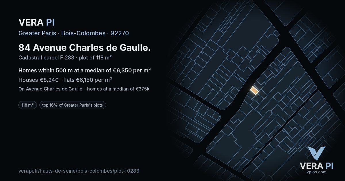 84 Avenue Charles de Gaulle, Bois-Colombes at night – the plot lit, the parcels around coloured by the prices near them