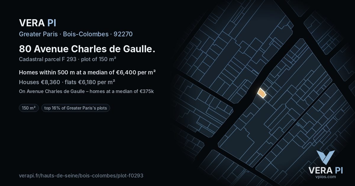 80 Avenue Charles de Gaulle, Bois-Colombes at night – the plot lit, the parcels around coloured by the prices near them