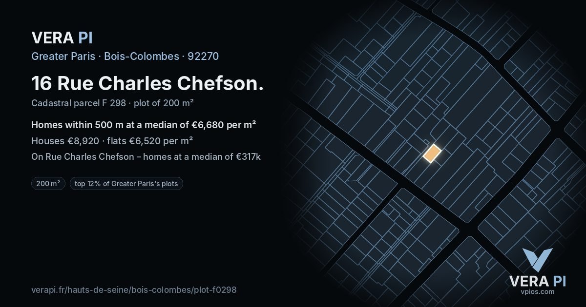 16 Rue Charles Chefson, Bois-Colombes at night – the plot lit, the parcels around coloured by the prices near them