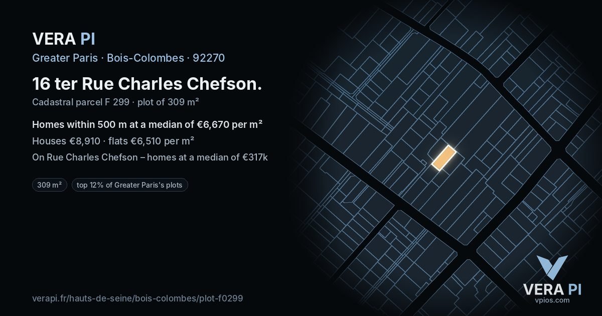 16 ter Rue Charles Chefson, Bois-Colombes at night – the plot lit, the parcels around coloured by the prices near them
