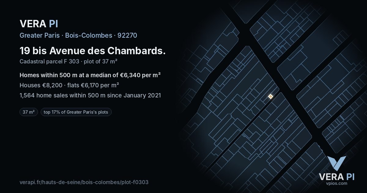 19 bis Avenue des Chambards, Bois-Colombes at night – the plot lit, the parcels around coloured by the prices near them