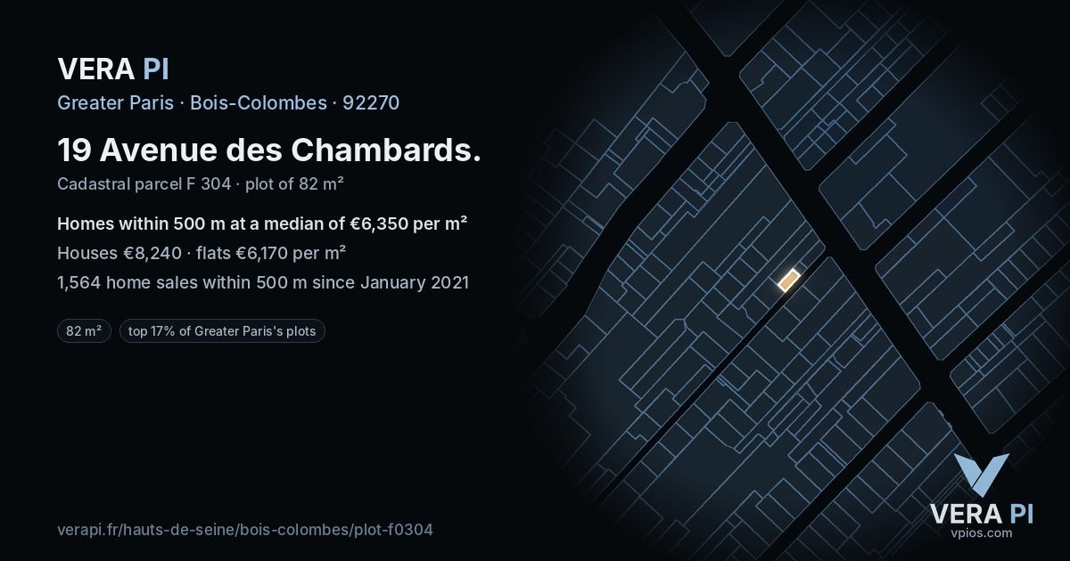 19 Avenue des Chambards, Bois-Colombes at night – the plot lit, the parcels around coloured by the prices near them