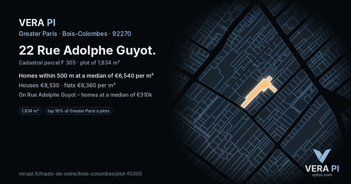 22 Rue Adolphe Guyot, Bois-Colombes at night – the plot lit, the parcels around coloured by the prices near them