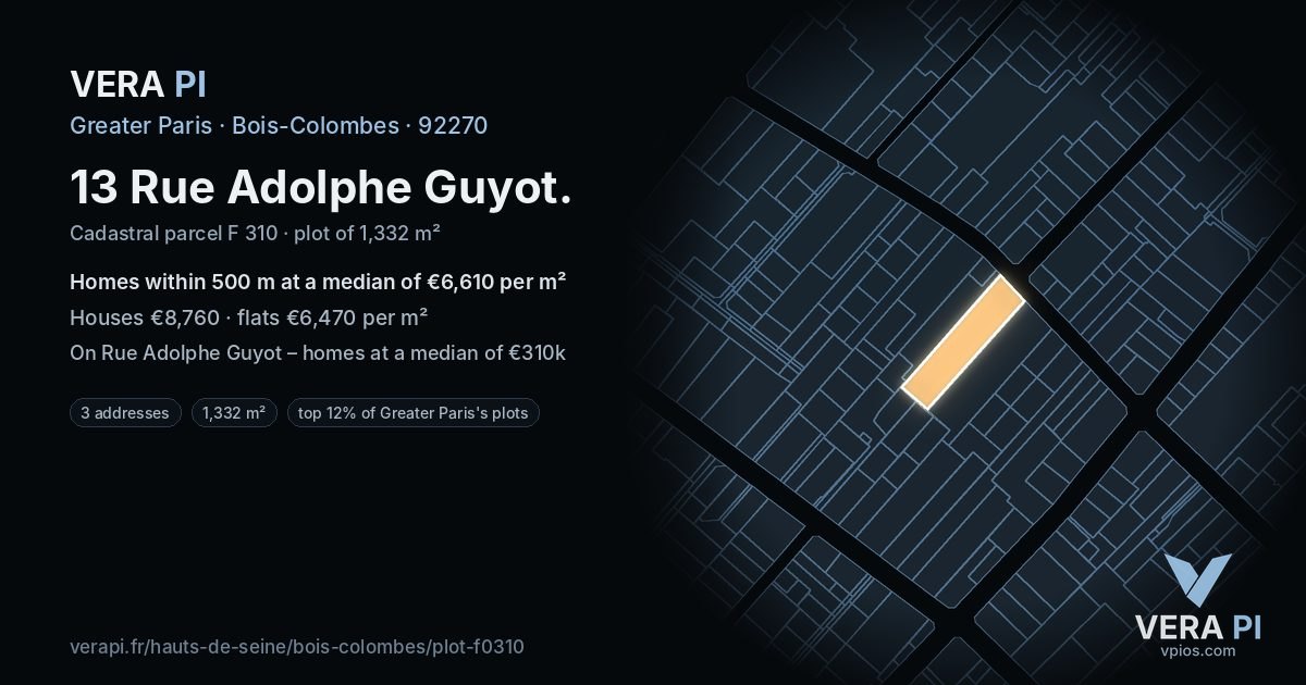 13 Rue Adolphe Guyot, Bois-Colombes at night – the plot lit, the parcels around coloured by the prices near them