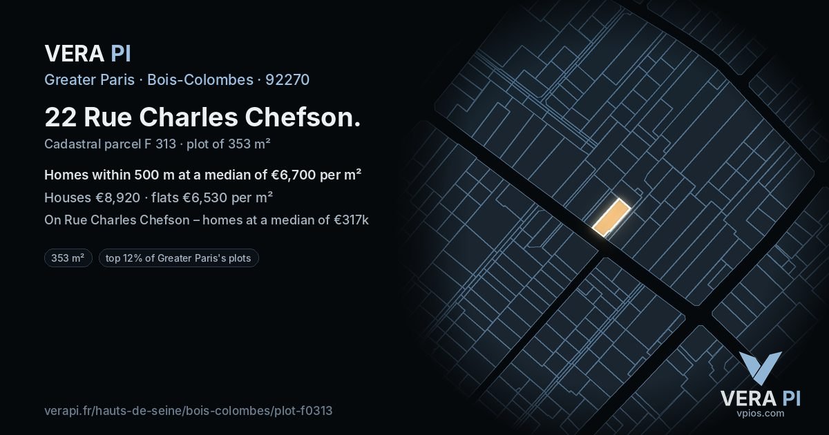 22 Rue Charles Chefson, Bois-Colombes at night – the plot lit, the parcels around coloured by the prices near them