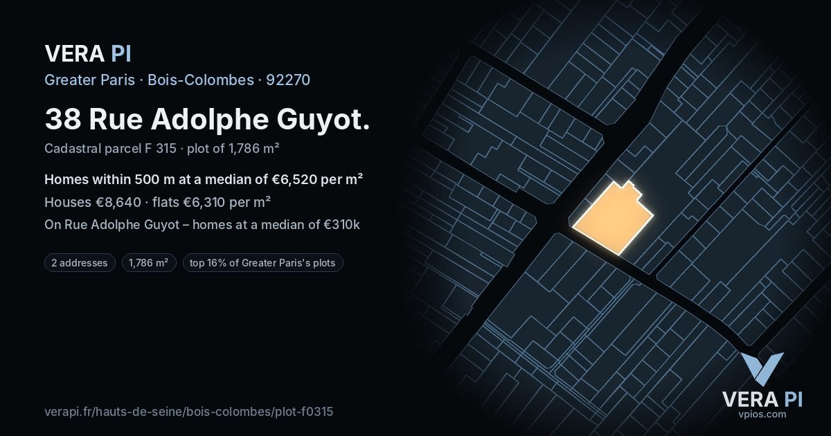38 Rue Adolphe Guyot, Bois-Colombes at night – the plot lit, the parcels around coloured by the prices near them