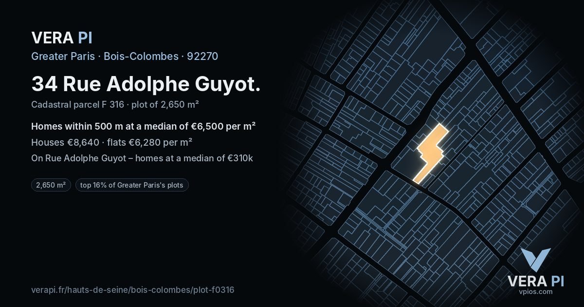 34 Rue Adolphe Guyot, Bois-Colombes at night – the plot lit, the parcels around coloured by the prices near them