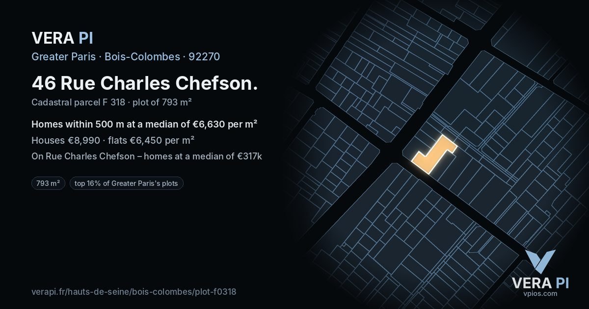46 Rue Charles Chefson, Bois-Colombes at night – the plot lit, the parcels around coloured by the prices near them