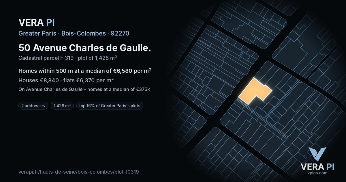 50 Avenue Charles de Gaulle, Bois-Colombes at night – the plot lit, the parcels around coloured by the prices near them