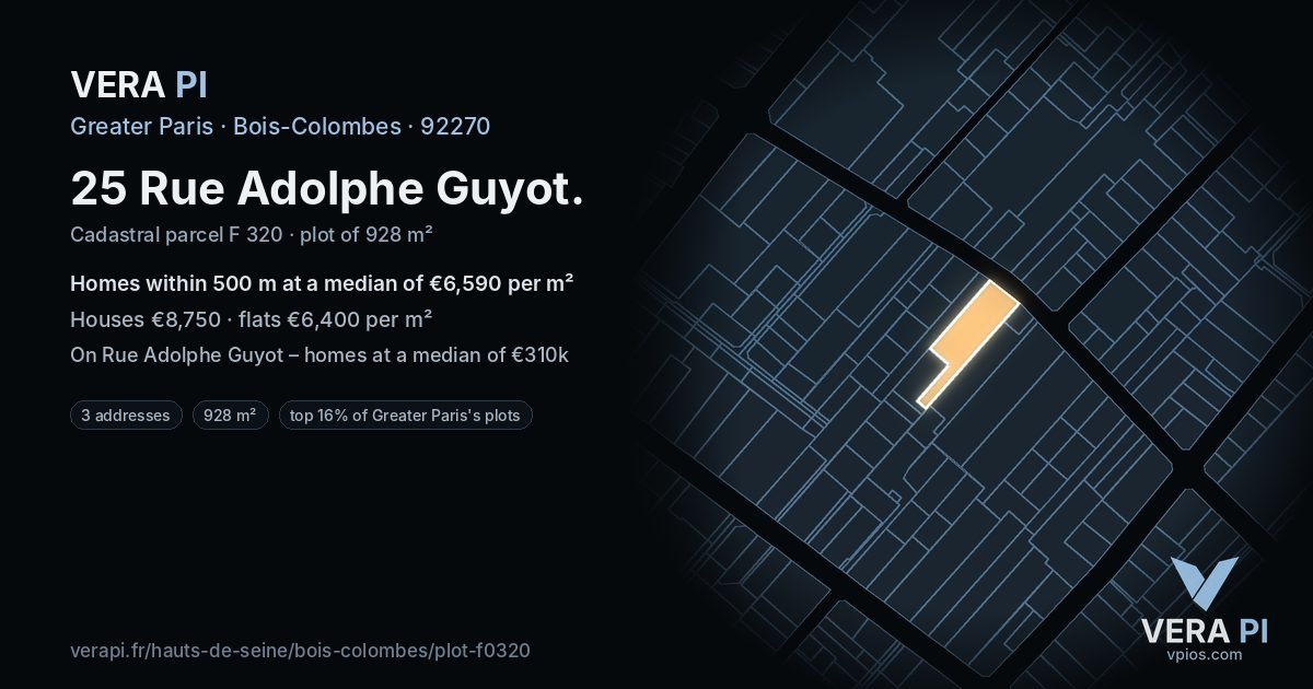 25 Rue Adolphe Guyot, Bois-Colombes at night – the plot lit, the parcels around coloured by the prices near them