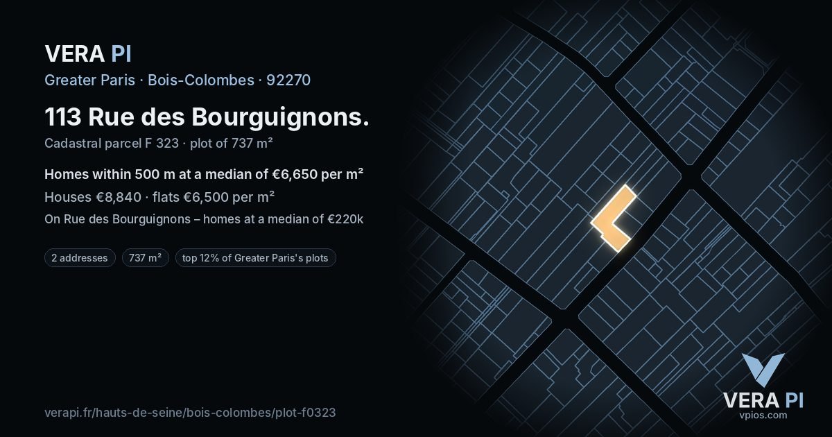 113 Rue des Bourguignons, Bois-Colombes at night – the plot lit, the parcels around coloured by the prices near them