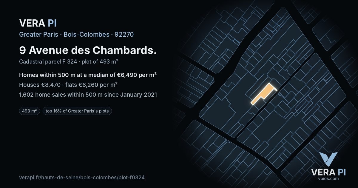 9 Avenue des Chambards, Bois-Colombes at night – the plot lit, the parcels around coloured by the prices near them