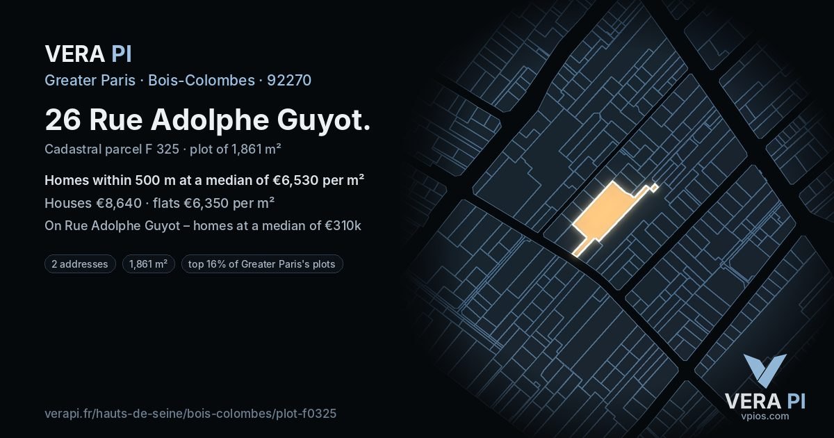 26 Rue Adolphe Guyot, Bois-Colombes at night – the plot lit, the parcels around coloured by the prices near them