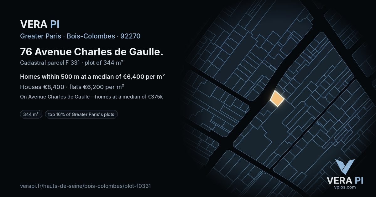 76 Avenue Charles de Gaulle, Bois-Colombes at night – the plot lit, the parcels around coloured by the prices near them