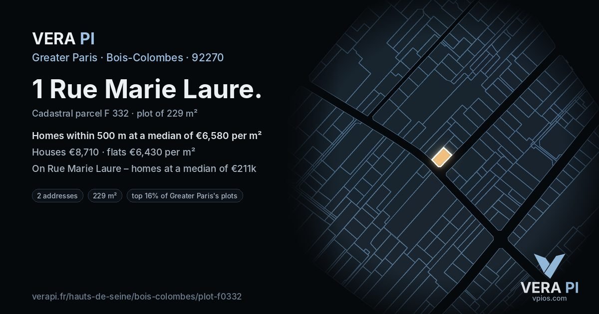 1 Rue Marie Laure, Bois-Colombes at night – the plot lit, the parcels around coloured by the prices near them