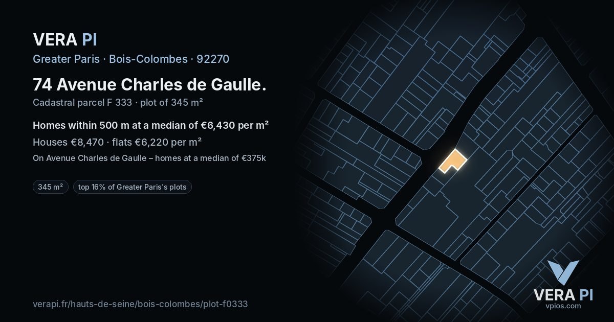 74 Avenue Charles de Gaulle, Bois-Colombes at night – the plot lit, the parcels around coloured by the prices near them