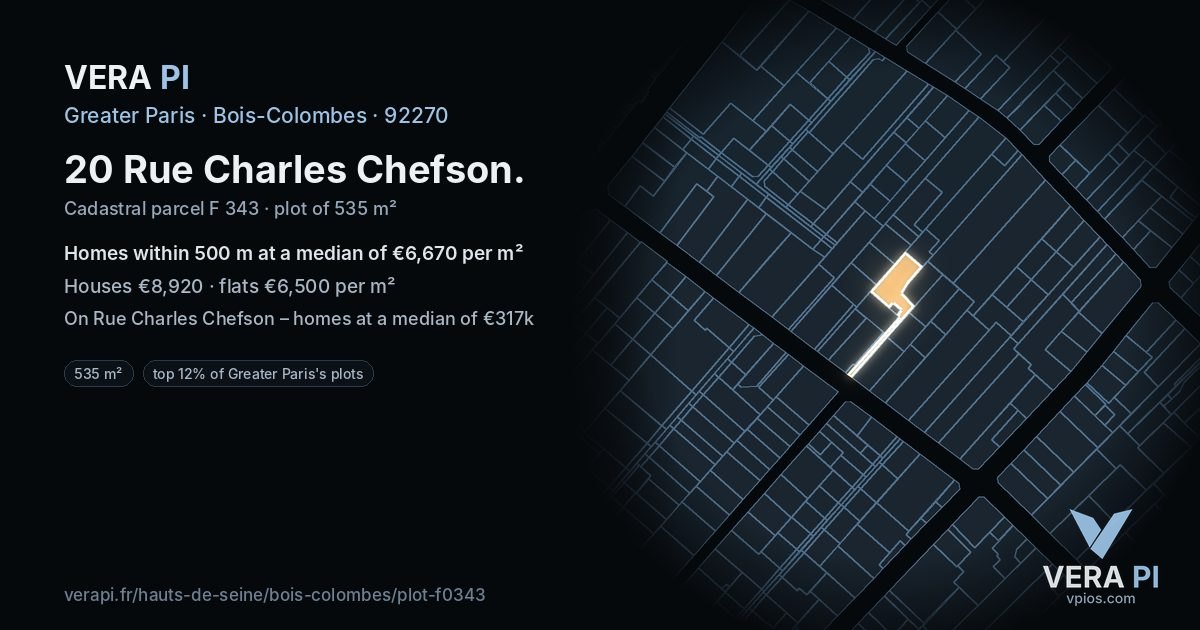 20 Rue Charles Chefson, Bois-Colombes at night – the plot lit, the parcels around coloured by the prices near them