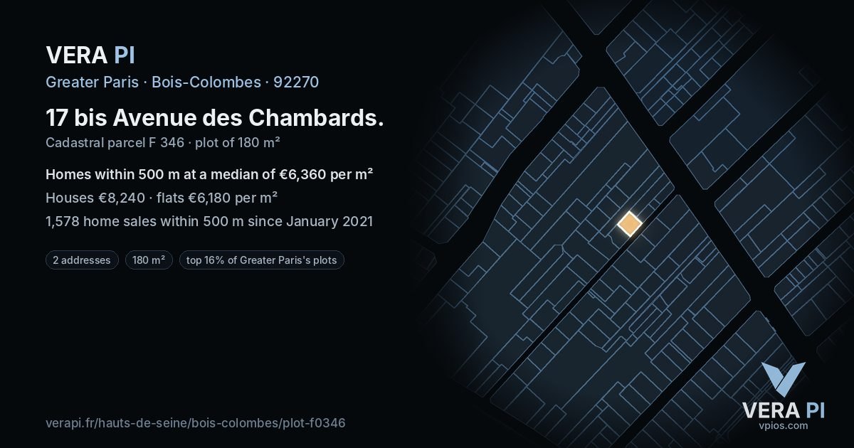 17 bis Avenue des Chambards, Bois-Colombes at night – the plot lit, the parcels around coloured by the prices near them