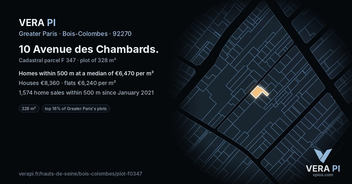 10 Avenue des Chambards, Bois-Colombes at night – the plot lit, the parcels around coloured by the prices near them