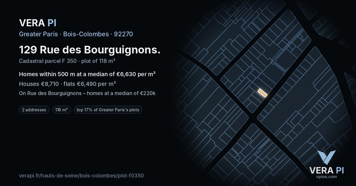 129 Rue des Bourguignons, Bois-Colombes at night – the plot lit, the parcels around coloured by the prices near them