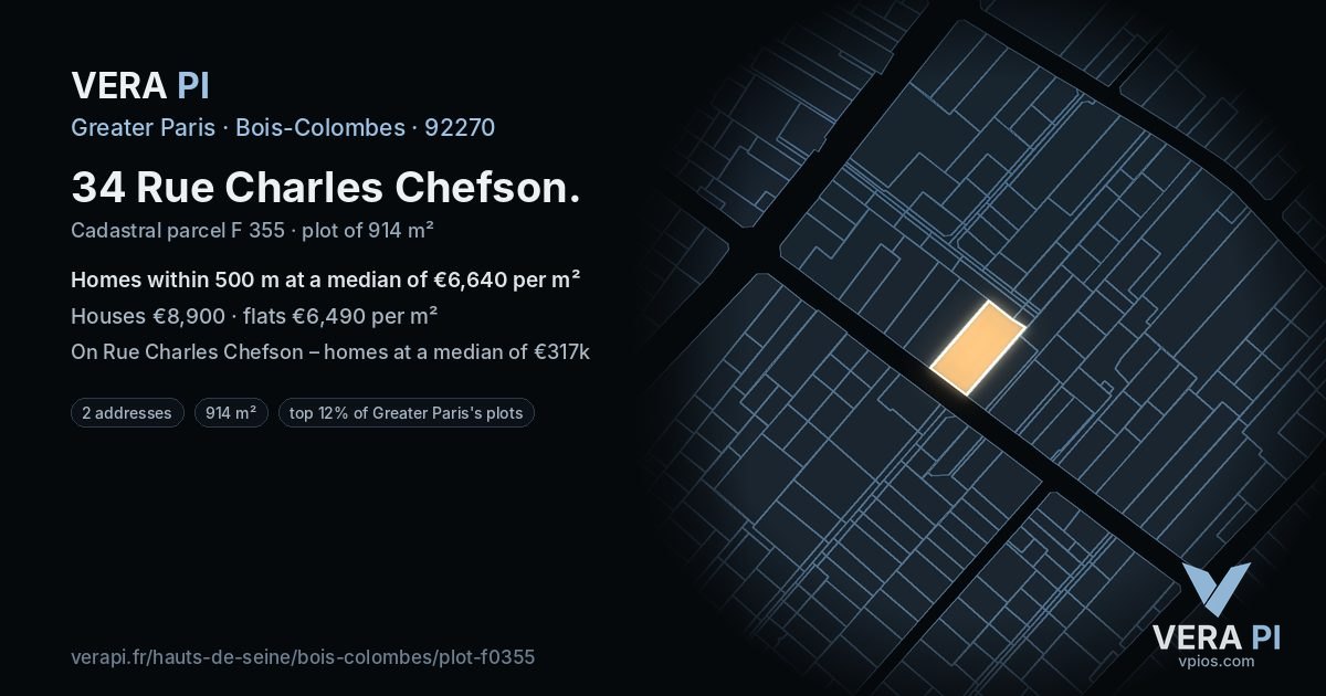 34 Rue Charles Chefson, Bois-Colombes at night – the plot lit, the parcels around coloured by the prices near them