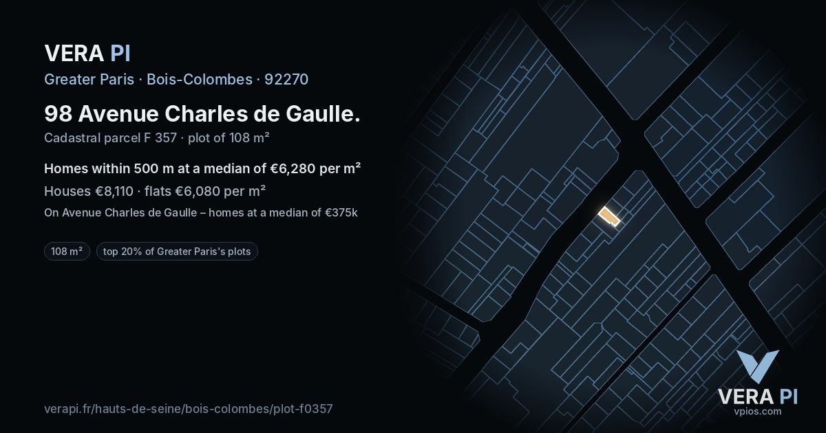 98 Avenue Charles de Gaulle, Bois-Colombes at night – the plot lit, the parcels around coloured by the prices near them