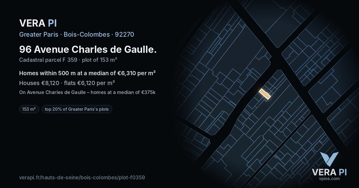 96 Avenue Charles de Gaulle, Bois-Colombes at night – the plot lit, the parcels around coloured by the prices near them