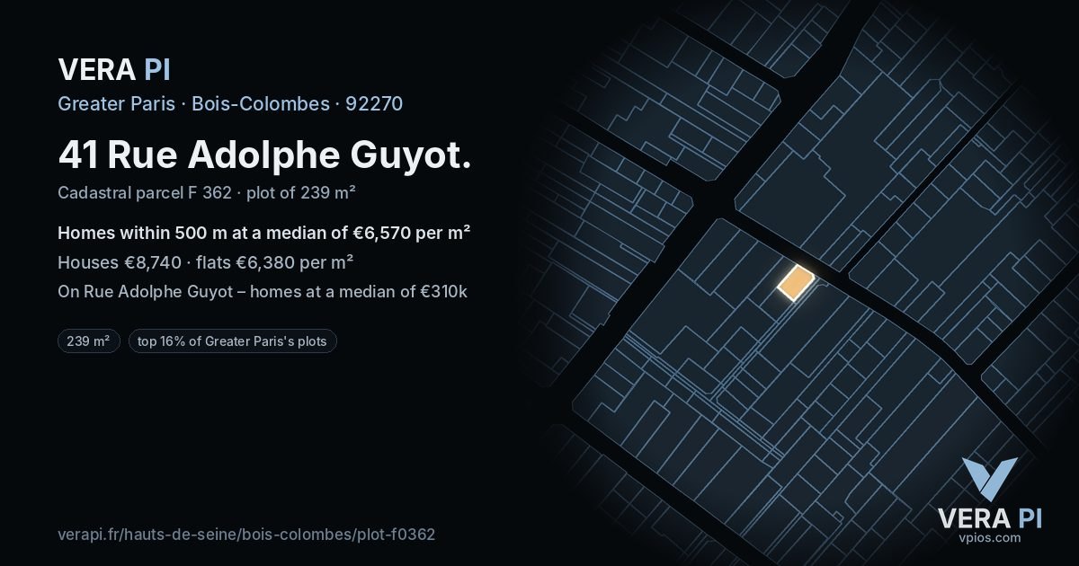 41 Rue Adolphe Guyot, Bois-Colombes at night – the plot lit, the parcels around coloured by the prices near them