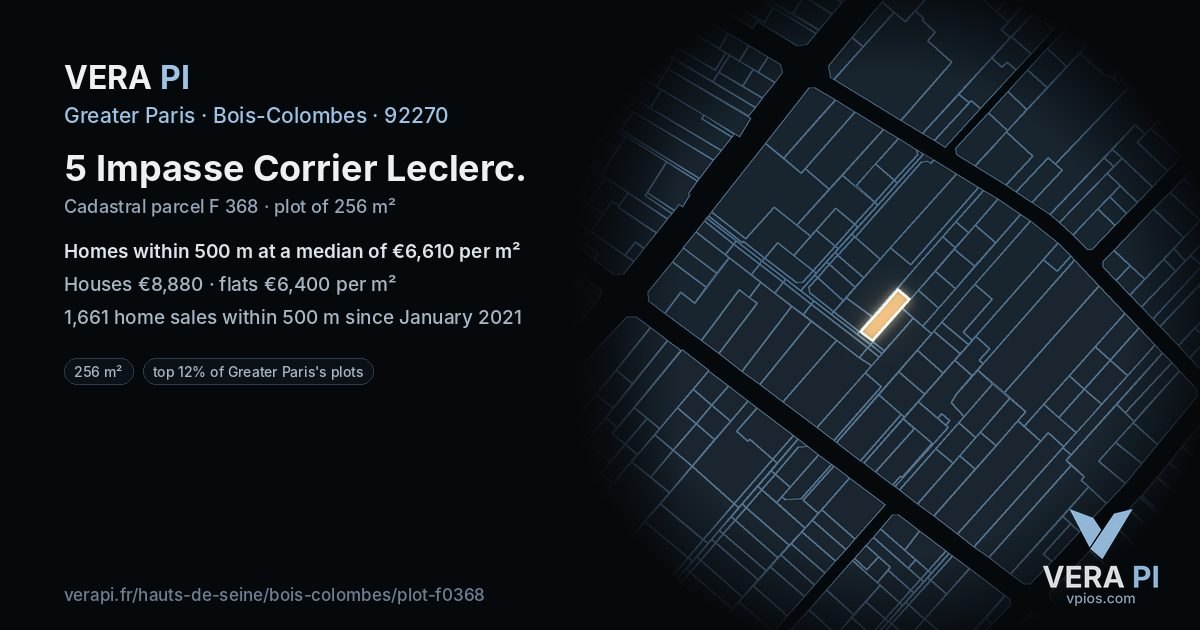 5 Impasse Corrier Leclerc, Bois-Colombes at night – the plot lit, the parcels around coloured by the prices near them