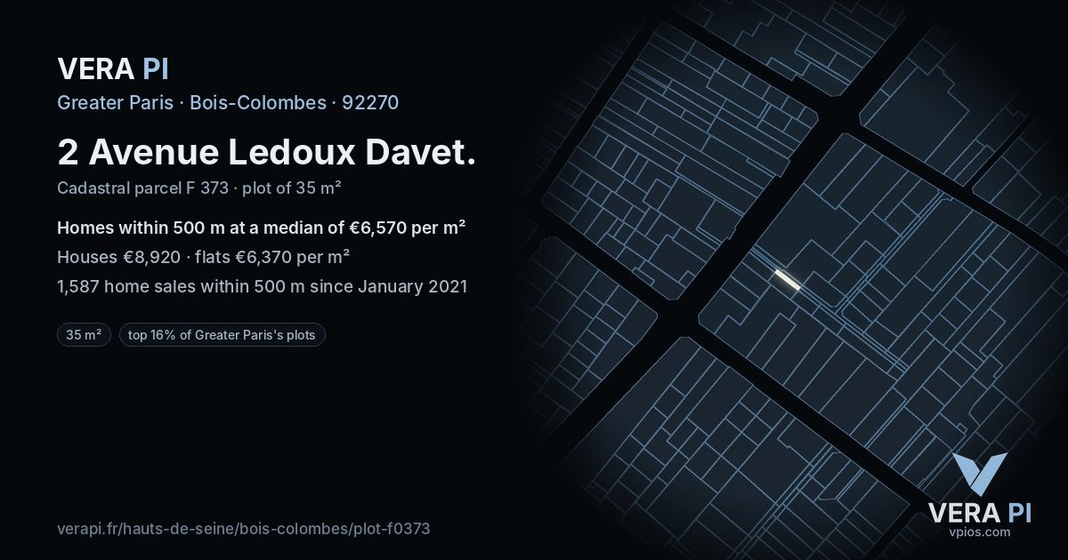 2 Avenue Ledoux Davet, Bois-Colombes at night – the plot lit, the parcels around coloured by the prices near them