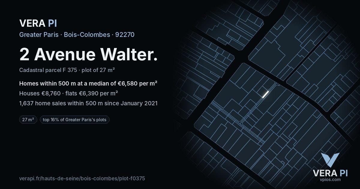 2 Avenue Walter, Bois-Colombes at night – the plot lit, the parcels around coloured by the prices near them