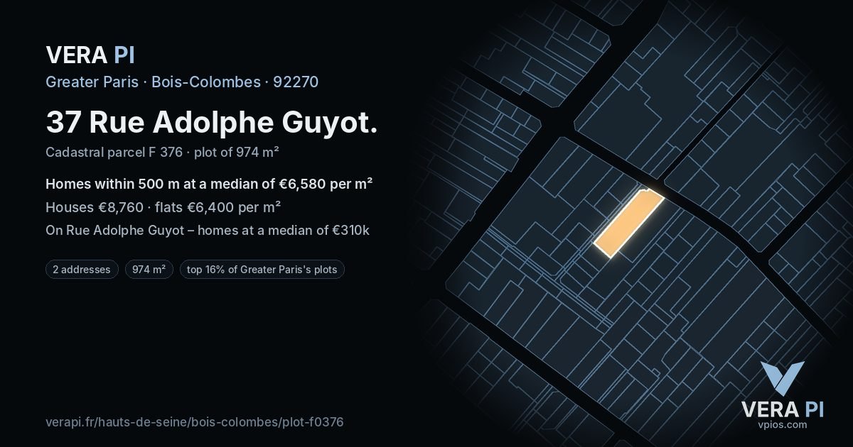 37 Rue Adolphe Guyot, Bois-Colombes at night – the plot lit, the parcels around coloured by the prices near them