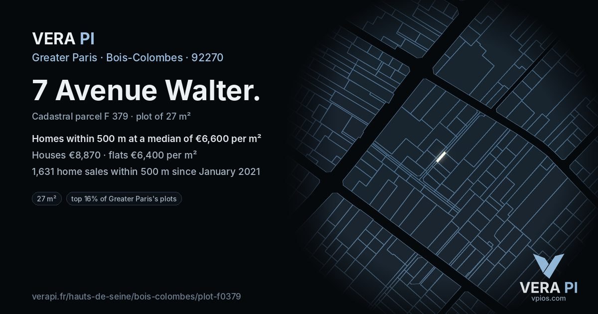 7 Avenue Walter, Bois-Colombes at night – the plot lit, the parcels around coloured by the prices near them