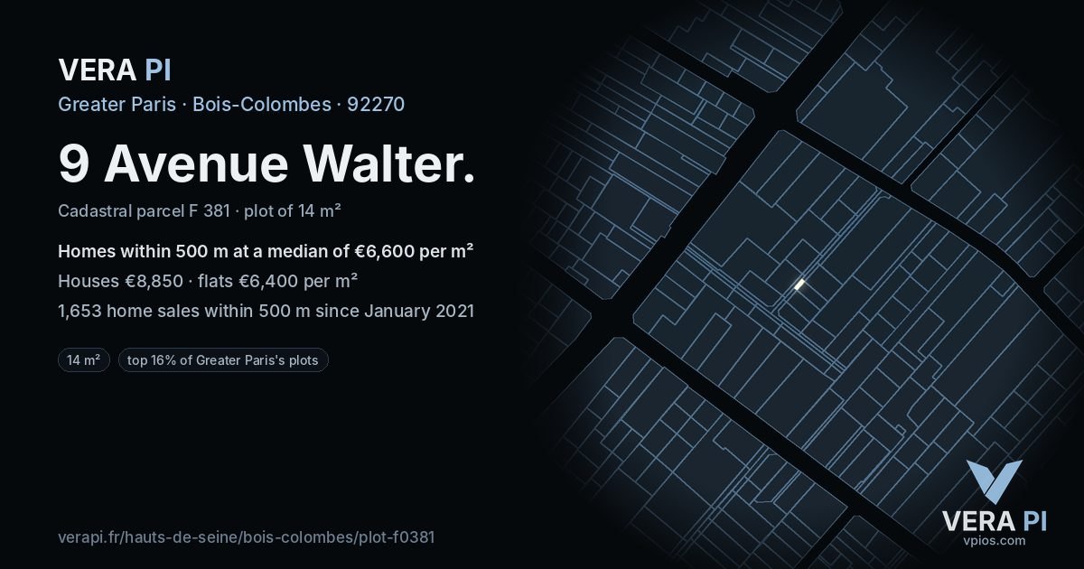 9 Avenue Walter, Bois-Colombes at night – the plot lit, the parcels around coloured by the prices near them