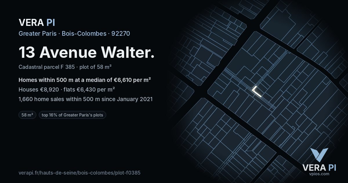 13 Avenue Walter, Bois-Colombes at night – the plot lit, the parcels around coloured by the prices near them