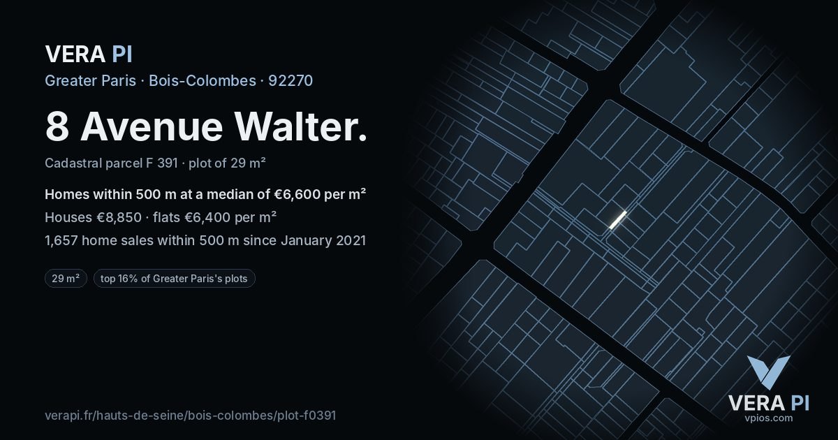 8 Avenue Walter, Bois-Colombes at night – the plot lit, the parcels around coloured by the prices near them