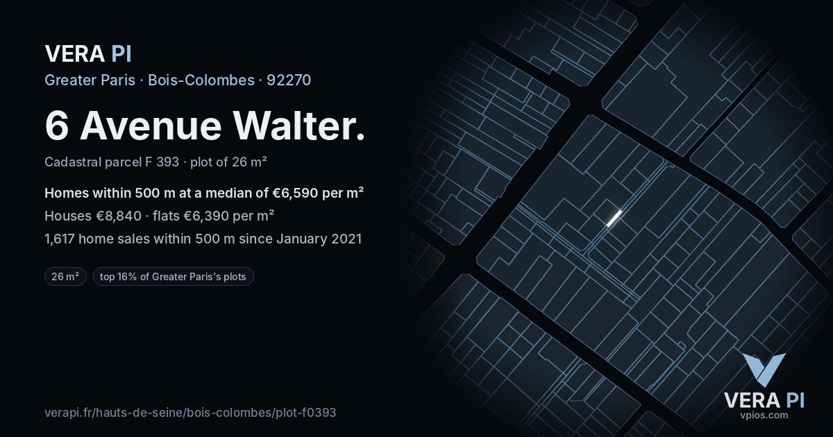 6 Avenue Walter, Bois-Colombes at night – the plot lit, the parcels around coloured by the prices near them