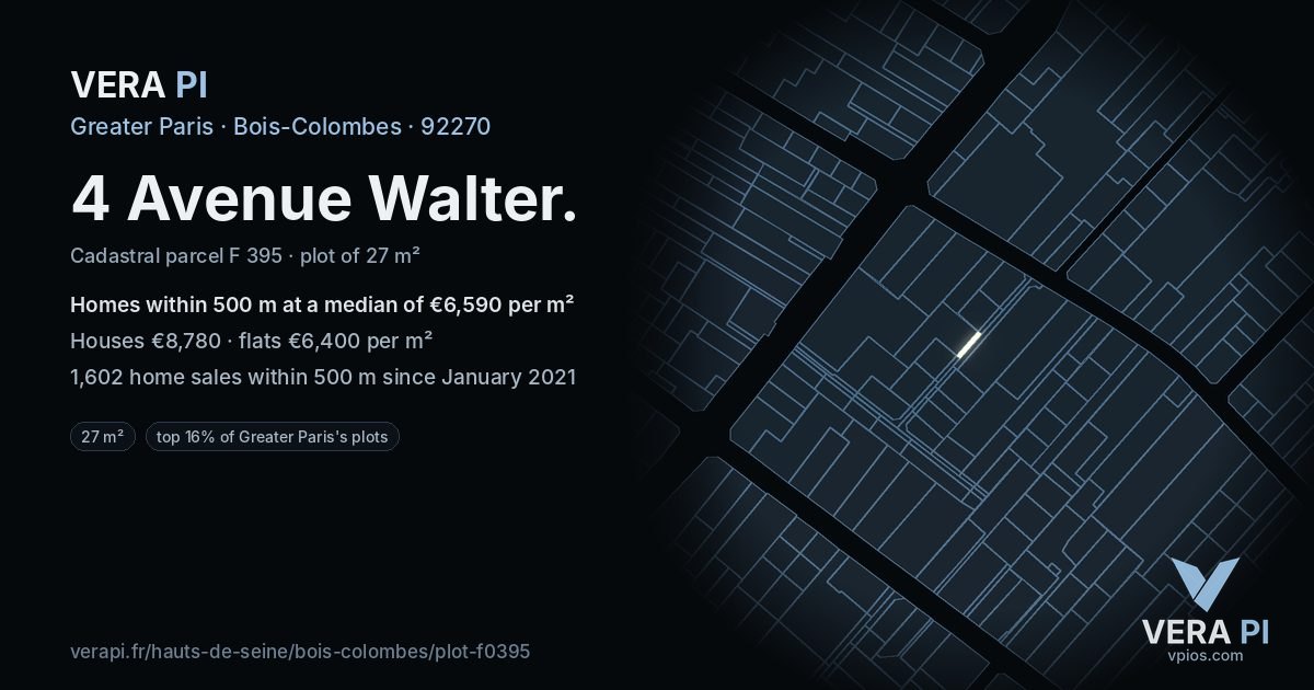 4 Avenue Walter, Bois-Colombes at night – the plot lit, the parcels around coloured by the prices near them