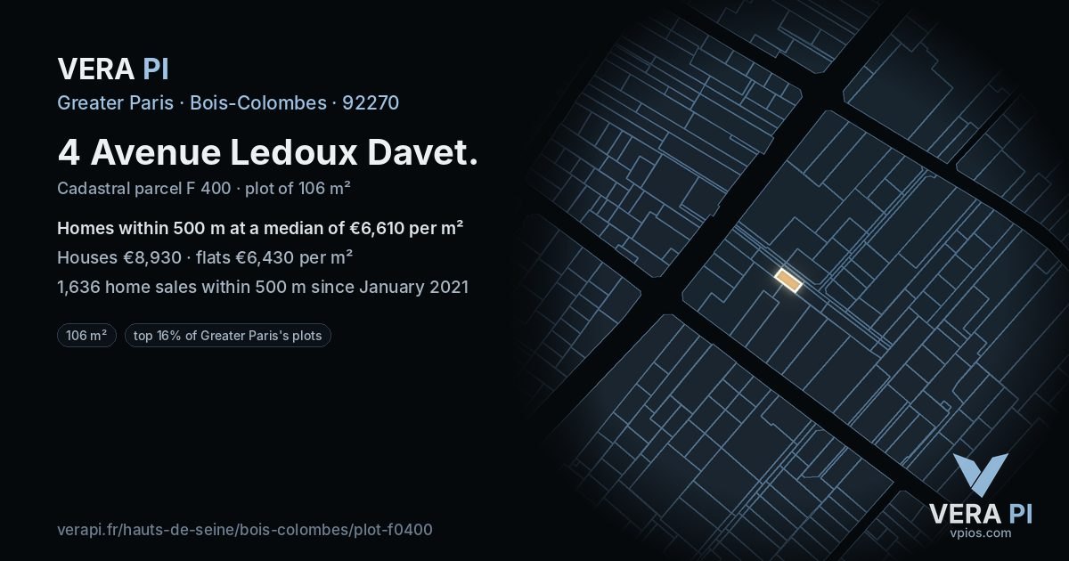 4 Avenue Ledoux Davet, Bois-Colombes at night – the plot lit, the parcels around coloured by the prices near them