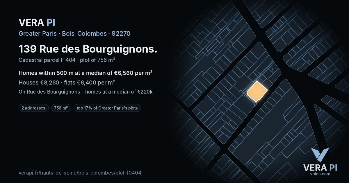 139 Rue des Bourguignons, Bois-Colombes at night – the plot lit, the parcels around coloured by the prices near them