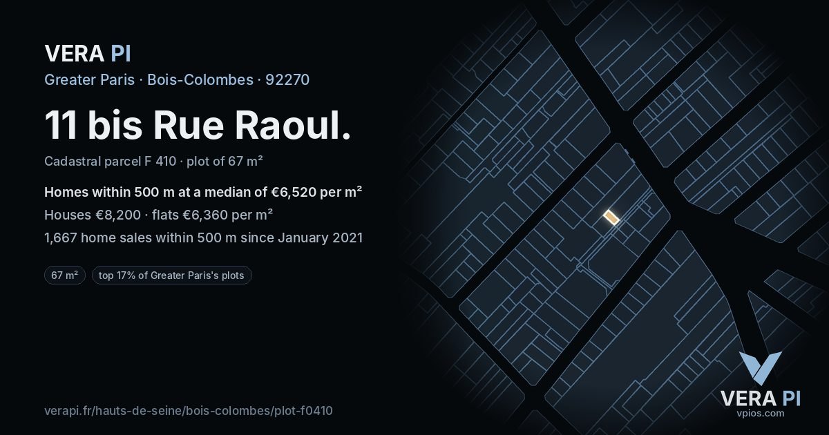 11 bis Rue Raoul, Bois-Colombes at night – the plot lit, the parcels around coloured by the prices near them