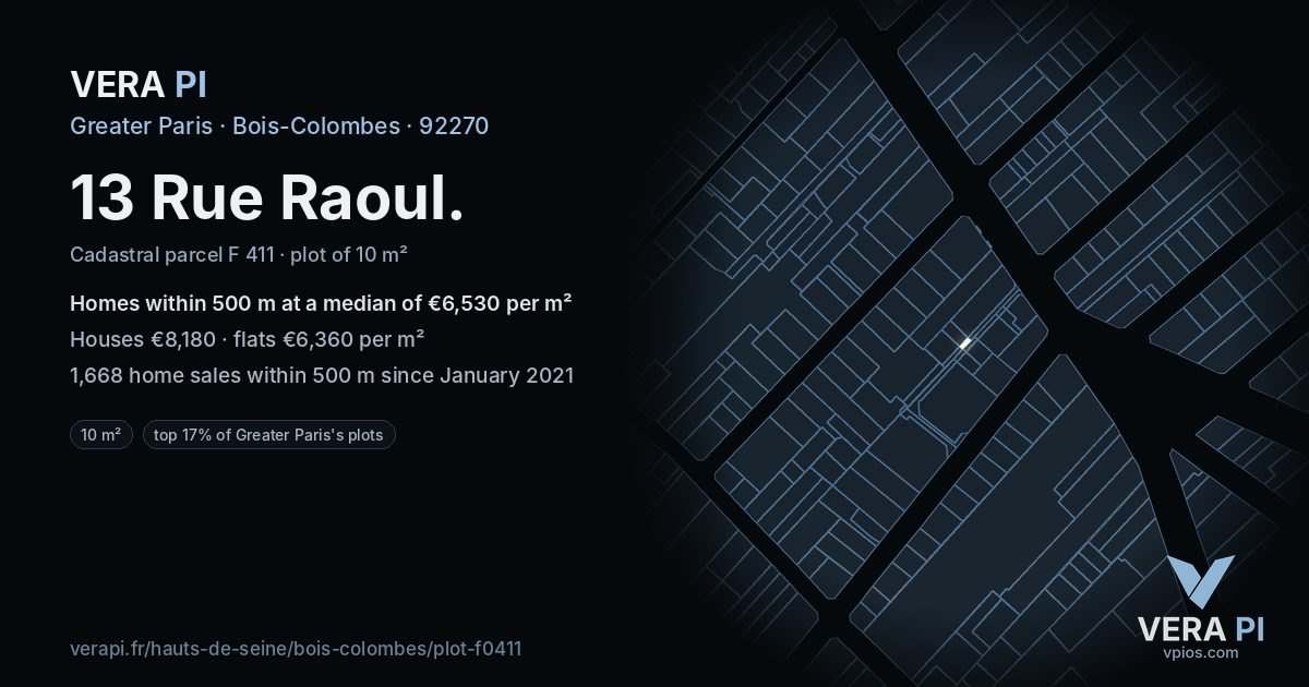13 Rue Raoul, Bois-Colombes at night – the plot lit, the parcels around coloured by the prices near them