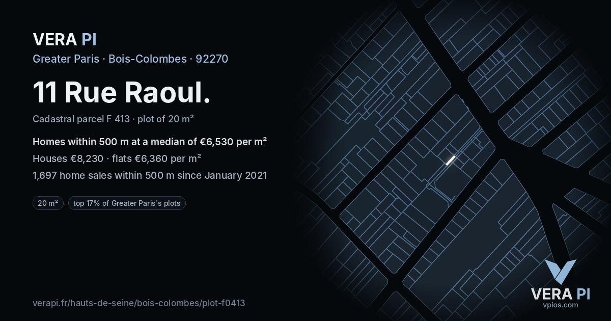 11 Rue Raoul, Bois-Colombes at night – the plot lit, the parcels around coloured by the prices near them
