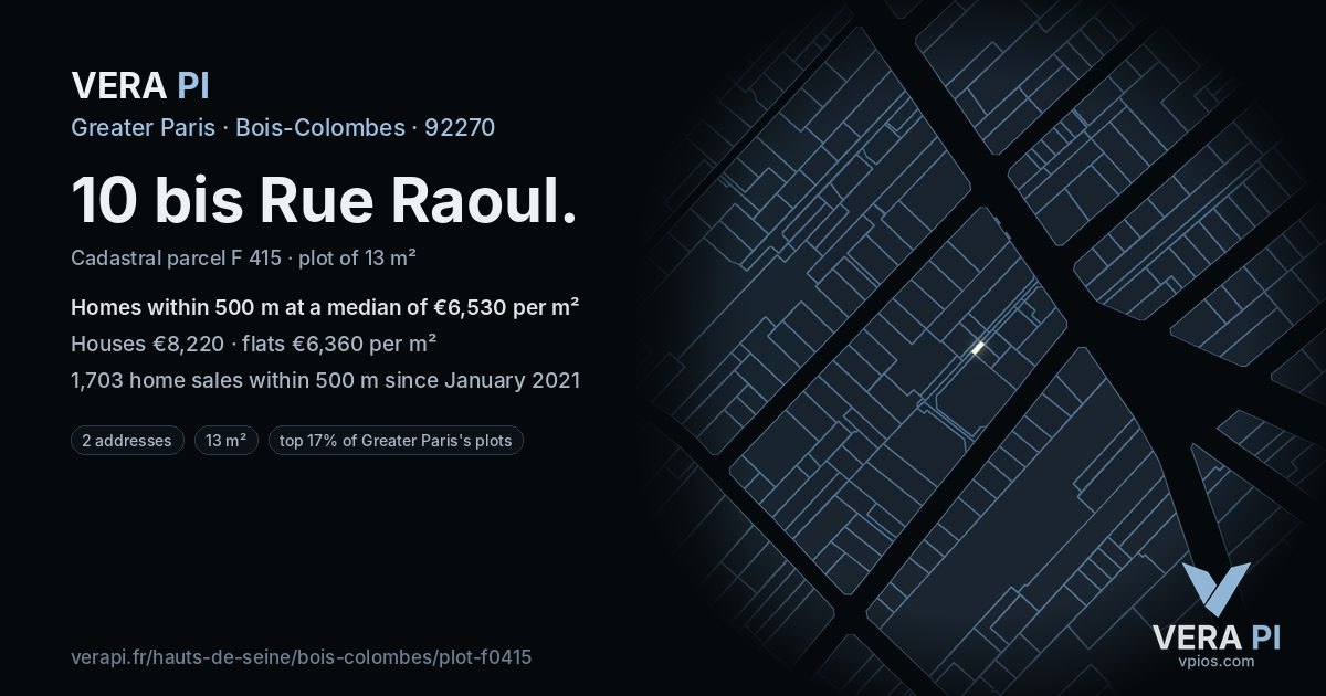 10 bis Rue Raoul, Bois-Colombes at night – the plot lit, the parcels around coloured by the prices near them
