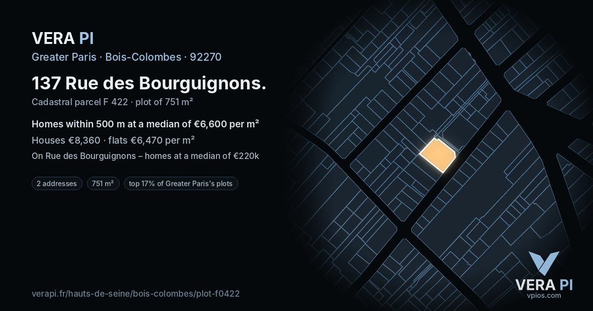 137 Rue des Bourguignons, Bois-Colombes at night – the plot lit, the parcels around coloured by the prices near them