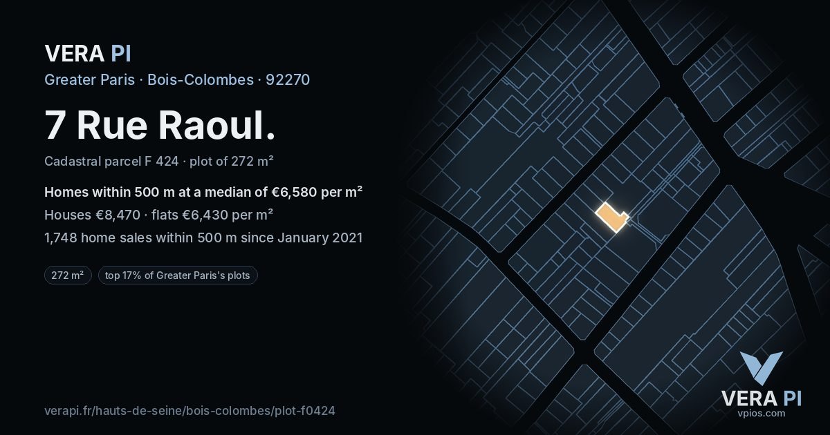 7 Rue Raoul, Bois-Colombes at night – the plot lit, the parcels around coloured by the prices near them