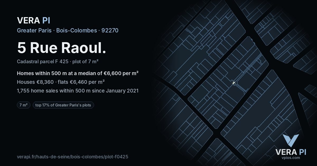 5 Rue Raoul, Bois-Colombes at night – the plot lit, the parcels around coloured by the prices near them