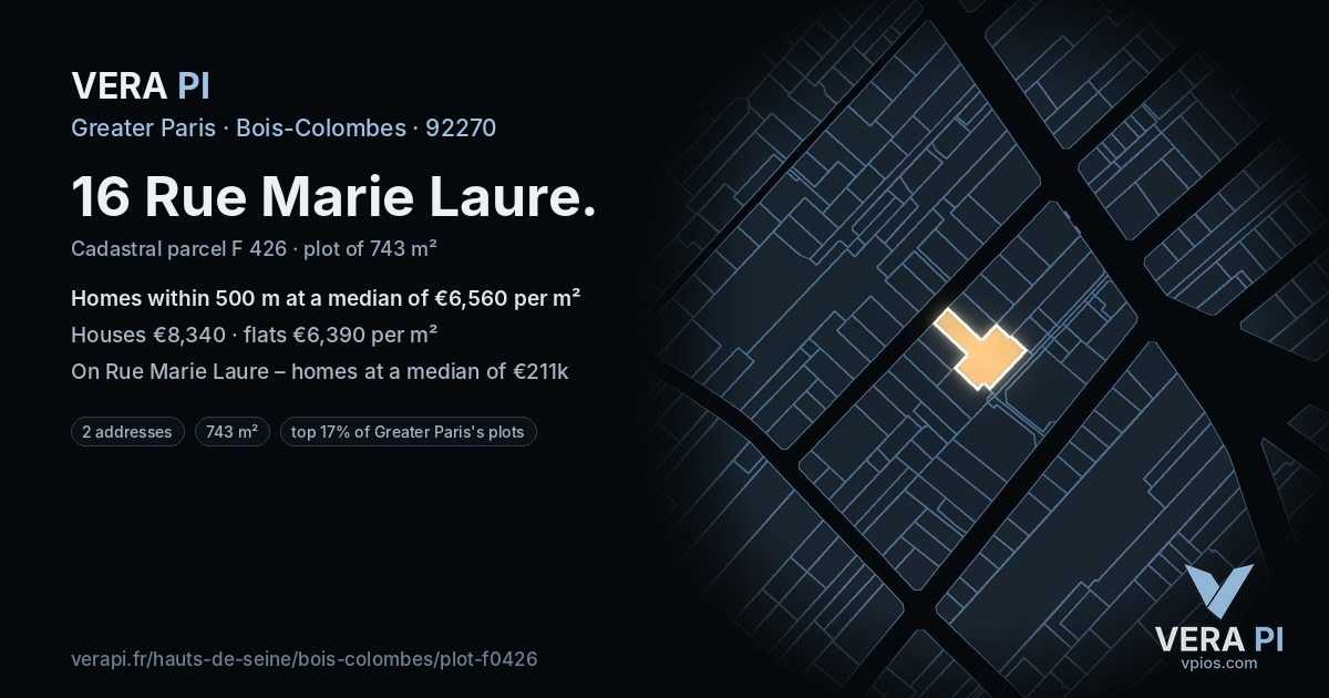 16 Rue Marie Laure, Bois-Colombes at night – the plot lit, the parcels around coloured by the prices near them