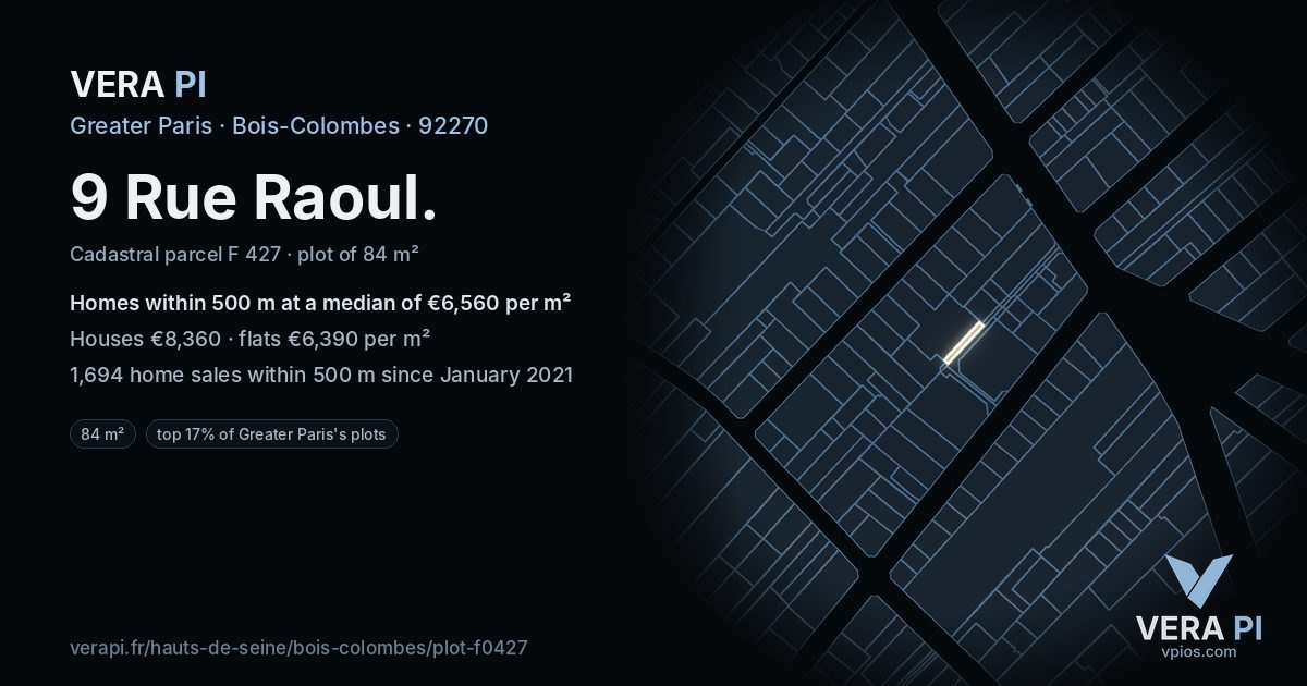 9 Rue Raoul, Bois-Colombes at night – the plot lit, the parcels around coloured by the prices near them