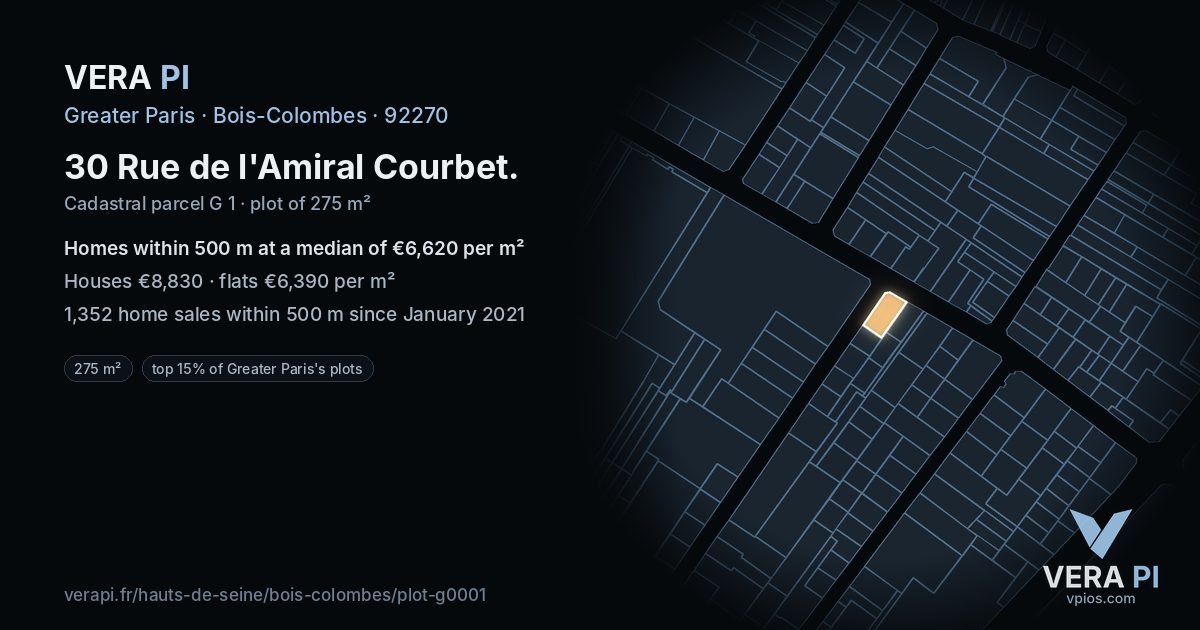 30 Rue de l'Amiral Courbet, Bois-Colombes at night – the plot lit, the parcels around coloured by the prices near them